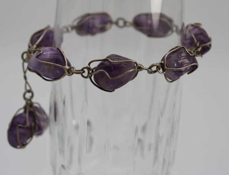 Vintage Caged Amethyst and Sterling Silver (925) Bracelet -Early 1900's style