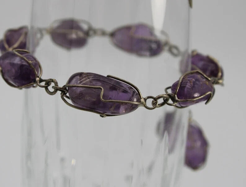 Vintage Caged Amethyst and Sterling Silver (925) Bracelet -Early 1900's style