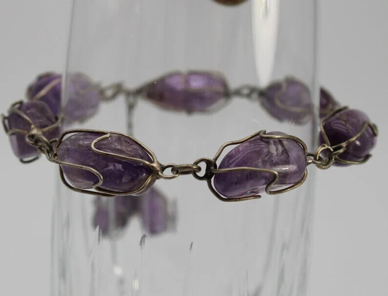 Vintage Caged Amethyst and Sterling Silver (925) Bracelet -Early 1900's style