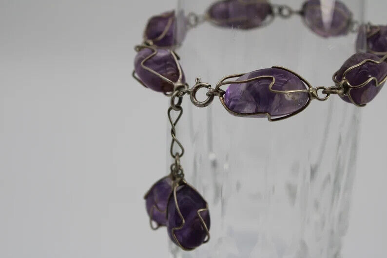 Vintage Caged Amethyst and Sterling Silver (925) Bracelet -Early 1900's style