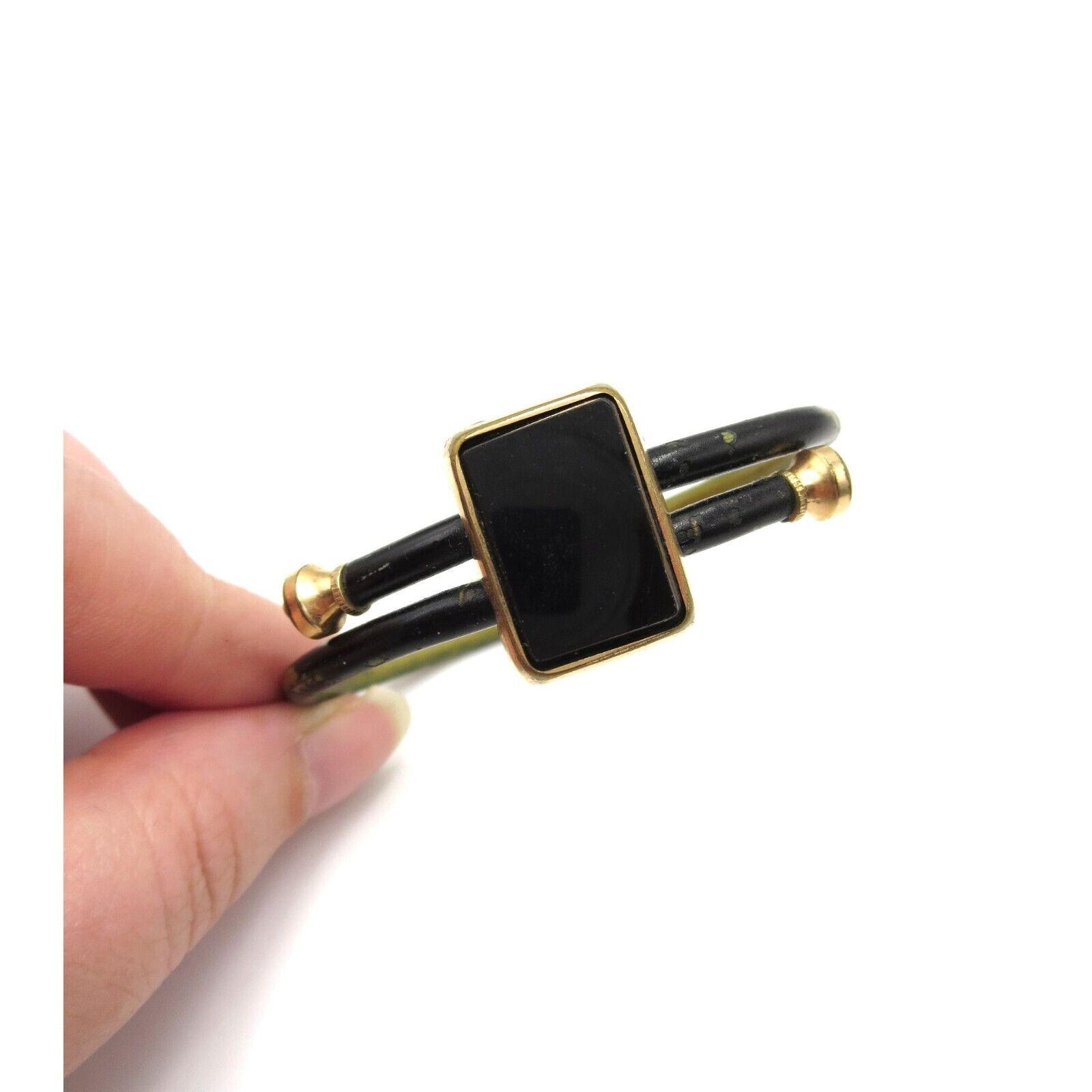 Victorian 1800s Gold Filled Black Glass Mourning Bracelet Adjustable Bypass