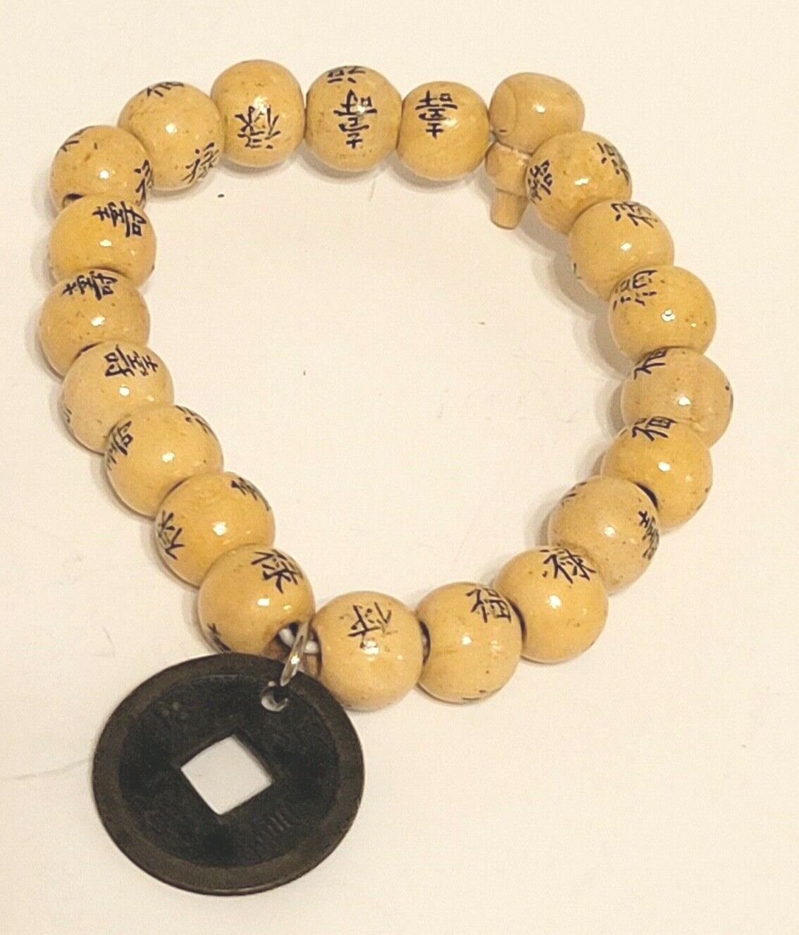 Genuine 1800s Coin China Kwangtung Yellow Bamboo Bead Bracelet Cash Coin Jewelry