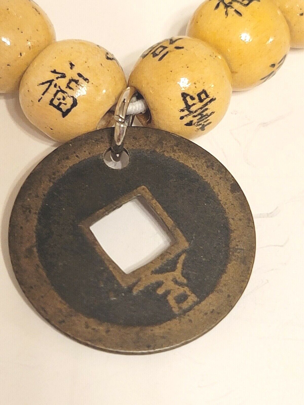 Genuine 1800s Coin China Kwangtung Yellow Bamboo Bead Bracelet Cash Coin Jewelry