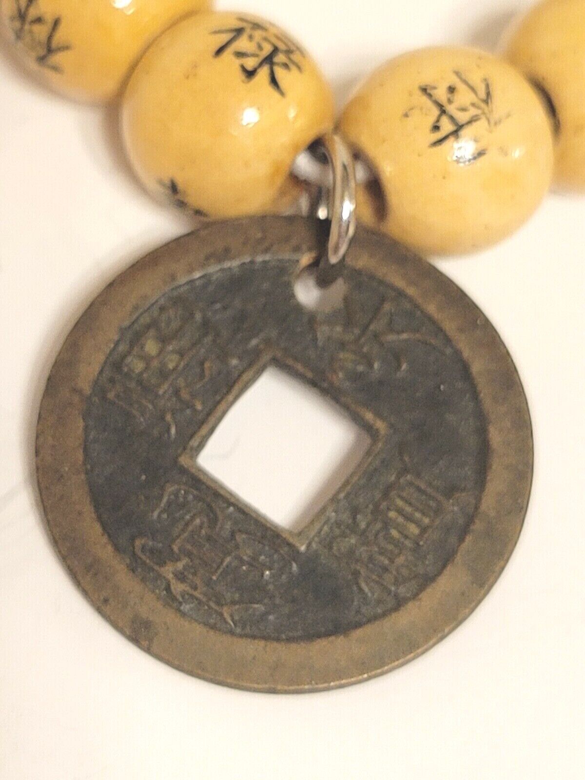Genuine 1800s Coin China Kwangtung Yellow Bamboo Bead Bracelet Cash Coin Jewelry