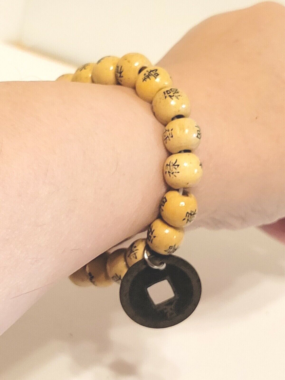 Genuine 1800s Coin China Kwangtung Yellow Bamboo Bead Bracelet Cash Coin Jewelry