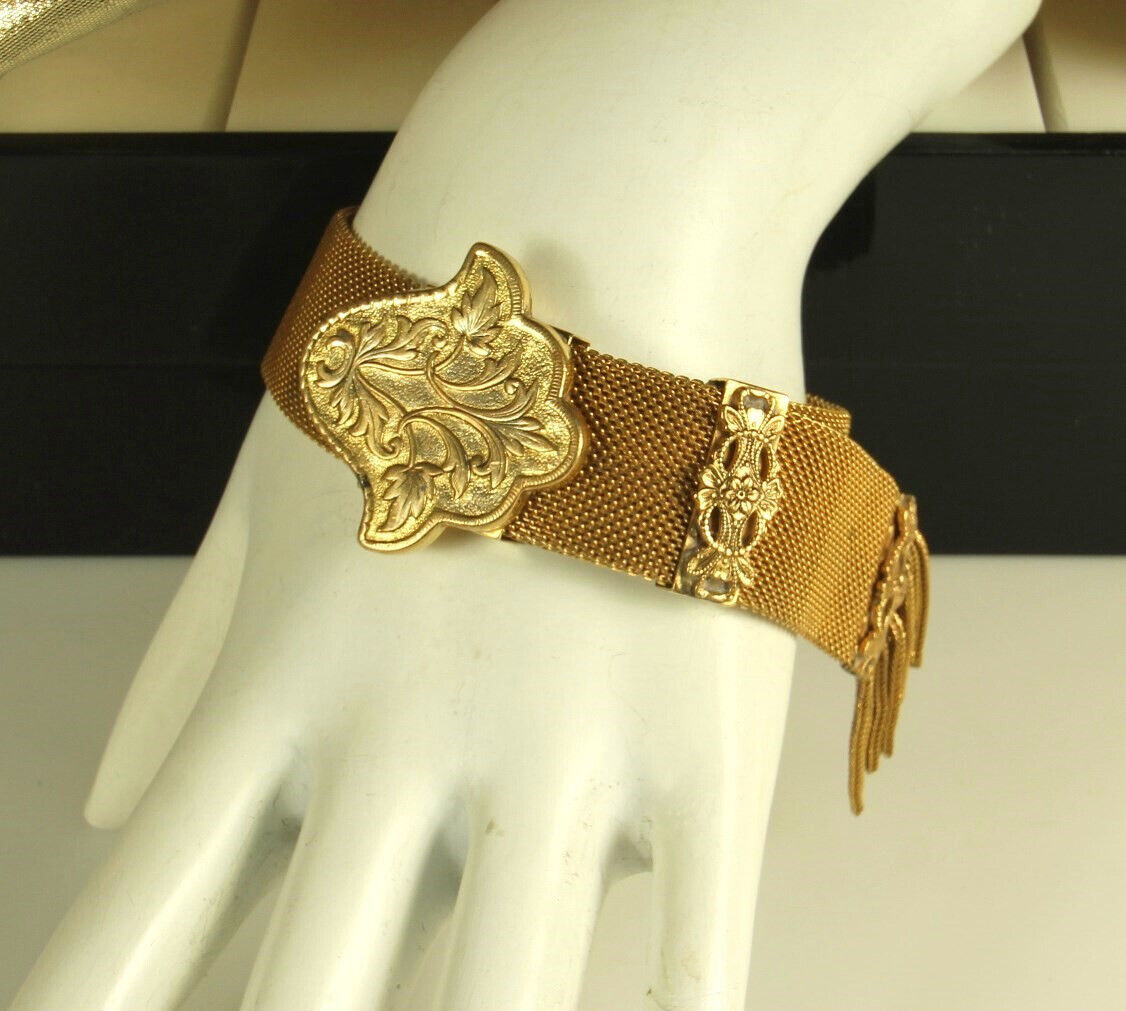Antique VICTORIAN Gold Filled Mesh Bracelet 1800s Tassels ADJUSTABLE Slide Fab