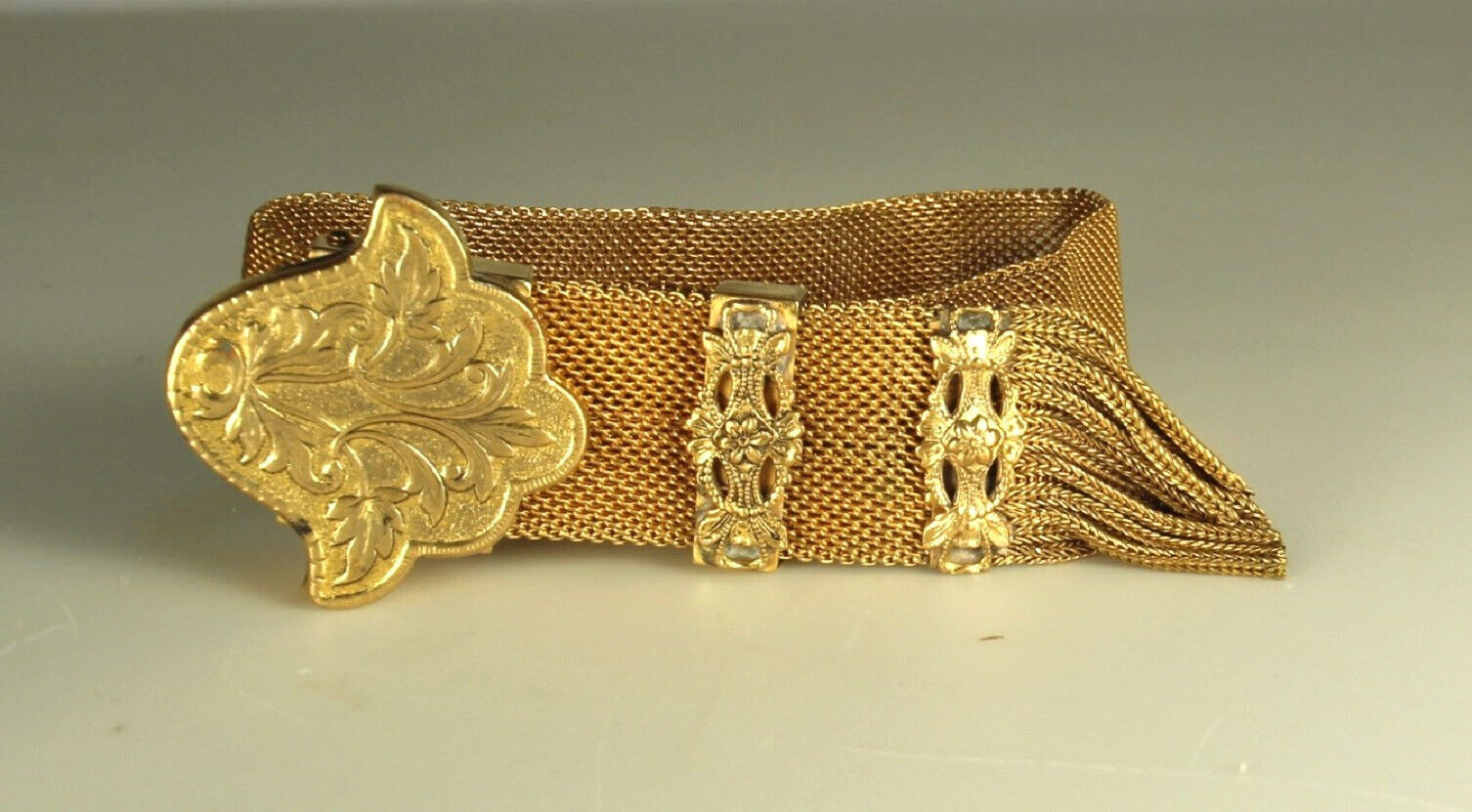 Antique VICTORIAN Gold Filled  Mesh Bracelet 1800s Tassels ADJUSTABLE Slide Fab