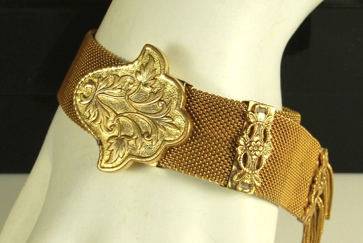 Antique VICTORIAN Gold Filled  Mesh Bracelet 1800s Tassels ADJUSTABLE Slide Fab