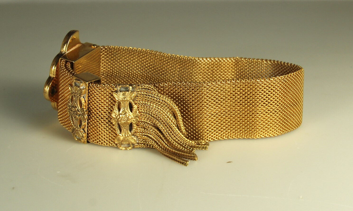 Antique VICTORIAN Gold Filled  Mesh Bracelet 1800s Tassels ADJUSTABLE Slide Fab