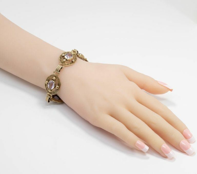 Amethyst Gemstone Ornate Link Vermeil Bracelet, Hallmarked Sterling, Early 1900s