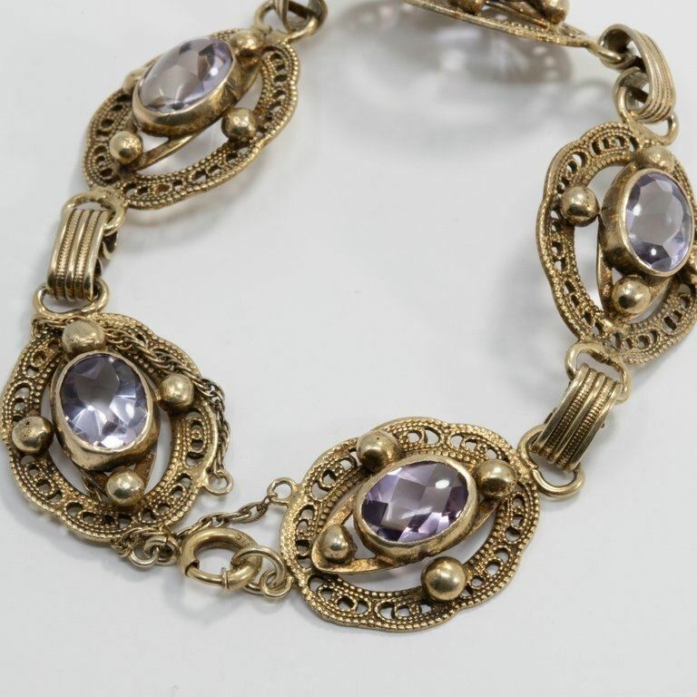 Amethyst Gemstone Ornate Link Vermeil Bracelet, Hallmarked Sterling, Early 1900s
