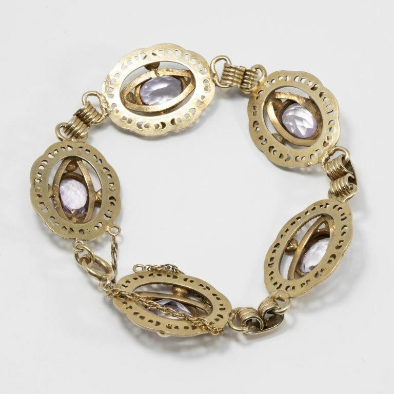 Amethyst Gemstone Ornate Link Vermeil Bracelet, Hallmarked Sterling, Early 1900s