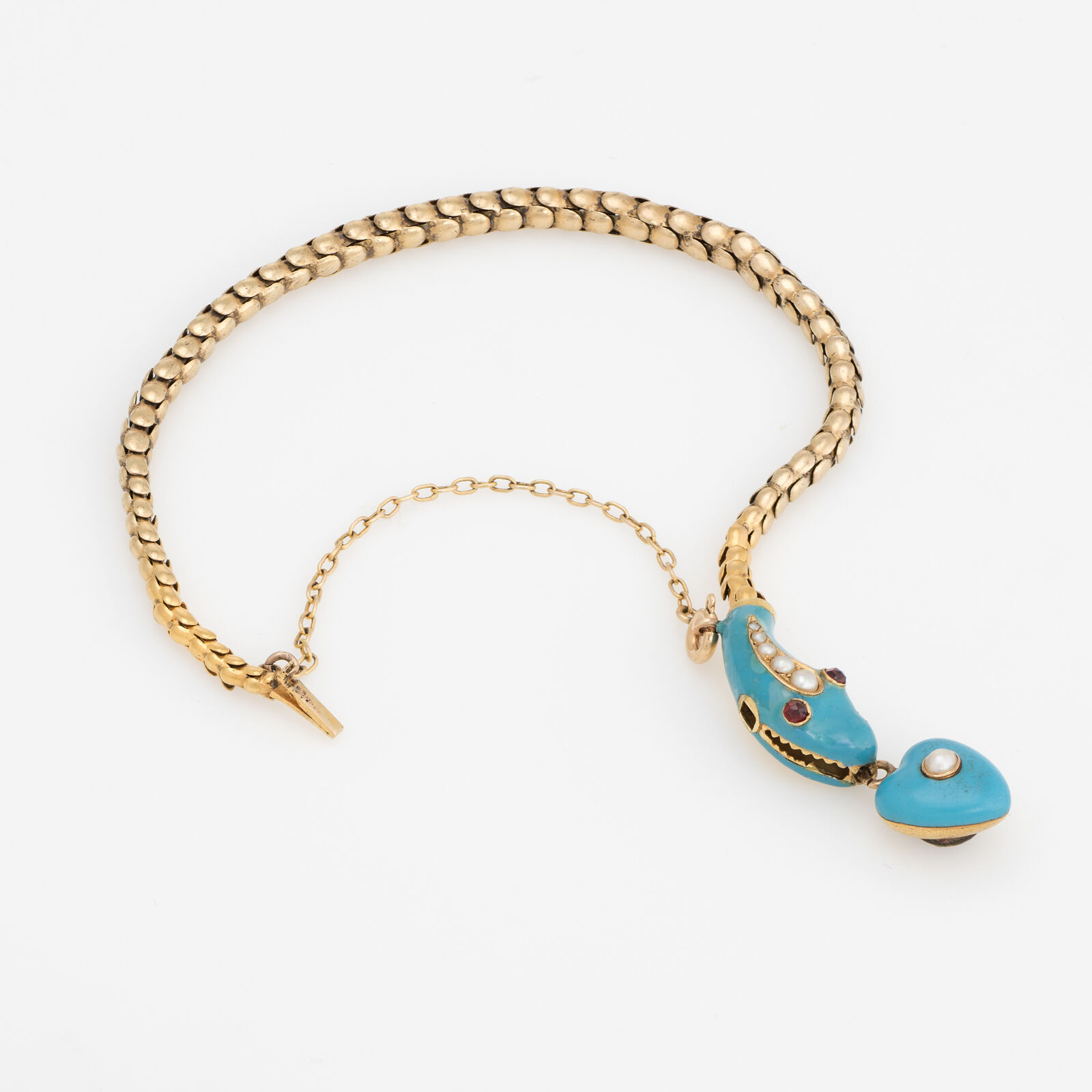 Antique Victorian Snake Bracelet 18k Yellow Gold Blue Enamel Garnet Pearl Old