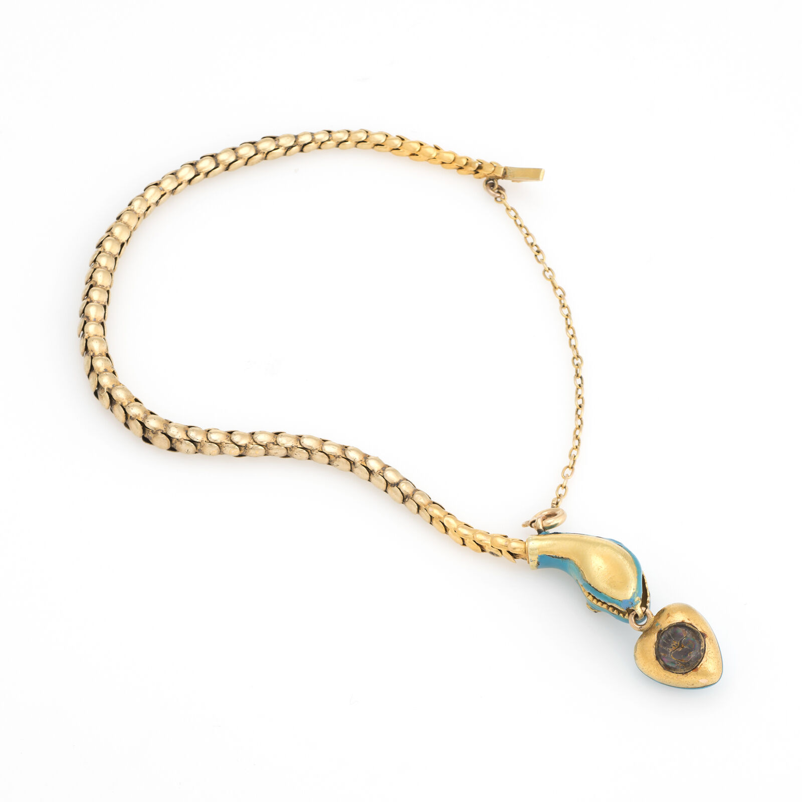 Antique Victorian Snake Bracelet 18k Yellow Gold Blue Enamel Garnet Pearl Old