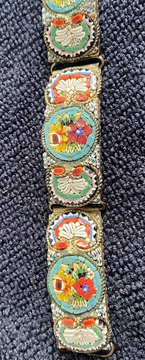 EARLY 1900S ITALIAN MINI GLASS MOSIAC MILLIFIORE BRACELET 7 3/4 Inches Length