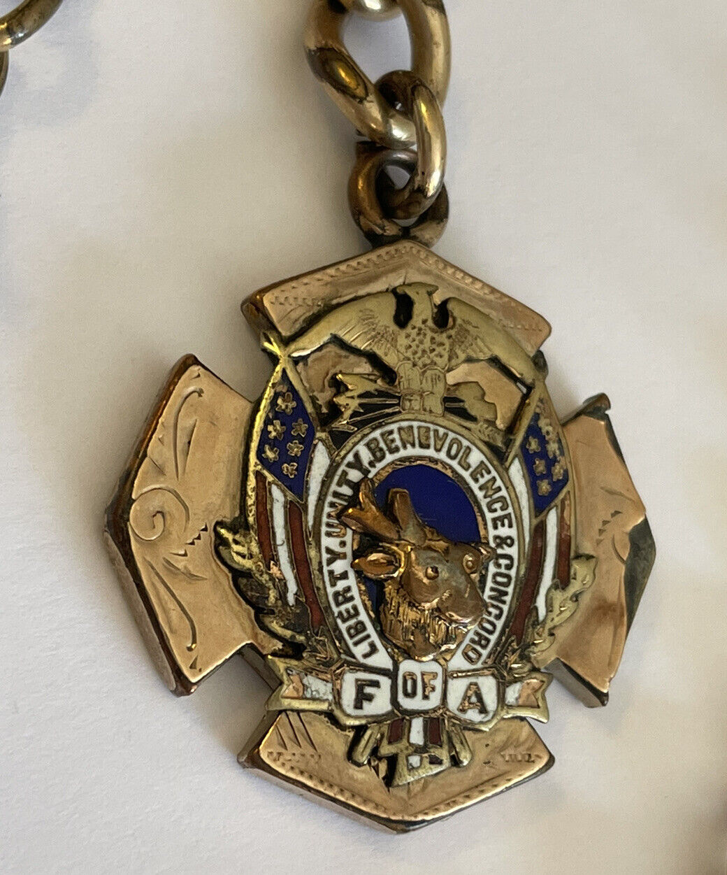 Vintage 1900's Gold Plated Fraternal Foresters America Watch FOB Pendant & Chain
