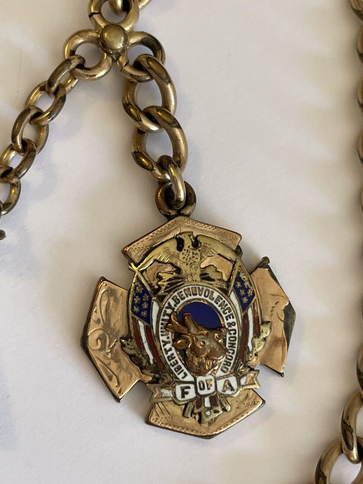 Vintage 1900's Gold Plated Fraternal Foresters America Watch FOB Pendant & Chain