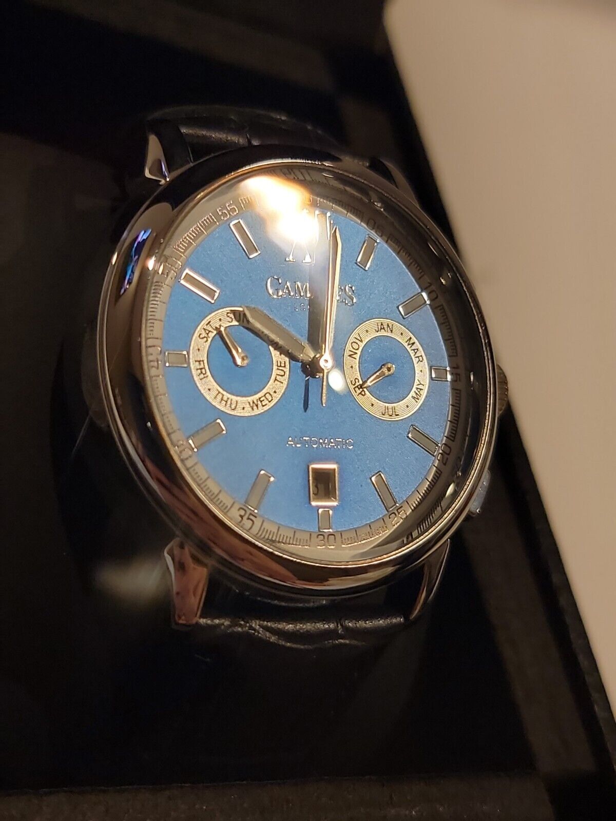 Gamages of London Limited Edition Vibrant calendar Automatic Watch blue black