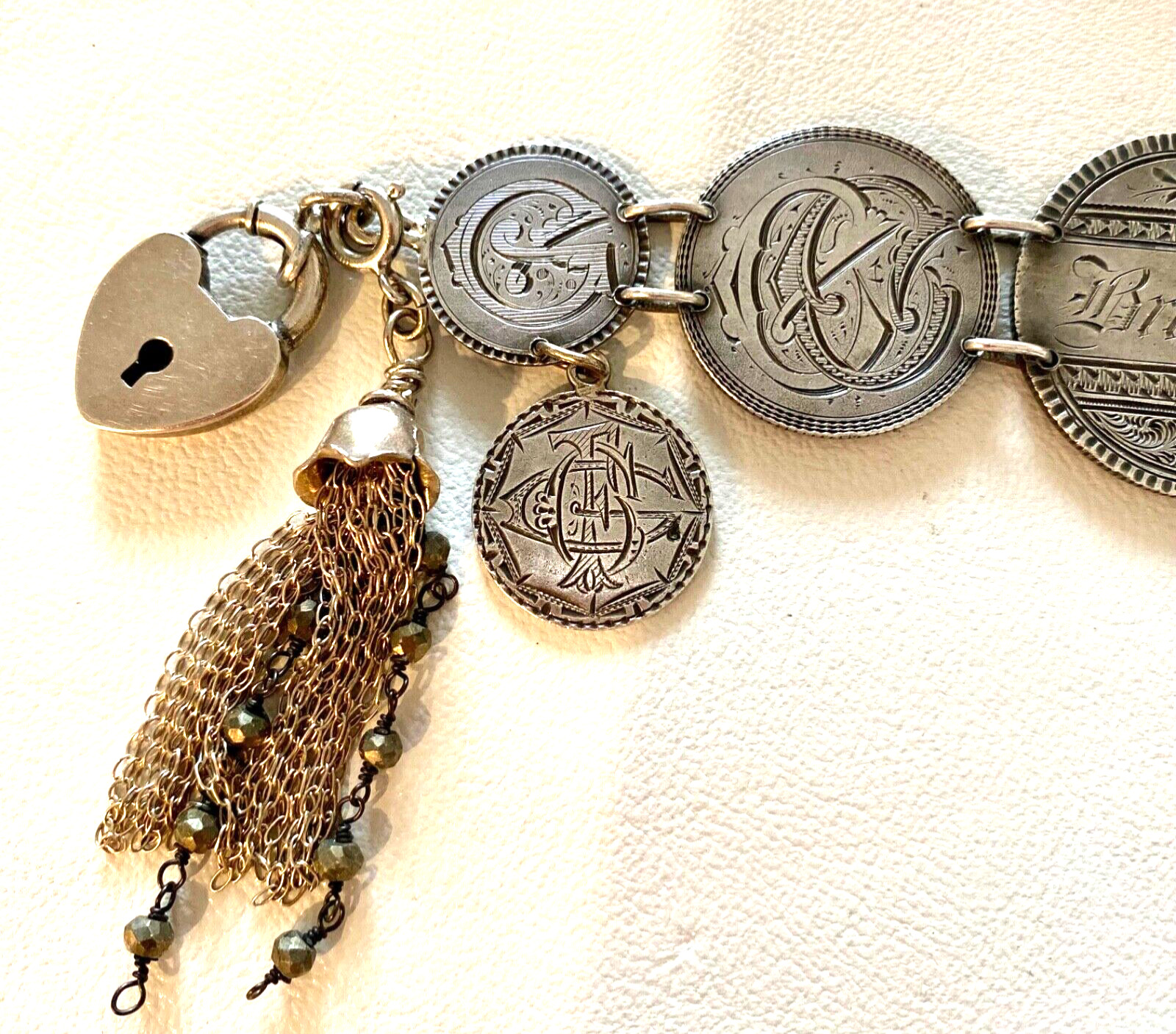 c1800’s Antique Victorian Silver LOVE Token COIN Charm Bracelet Heart Lock