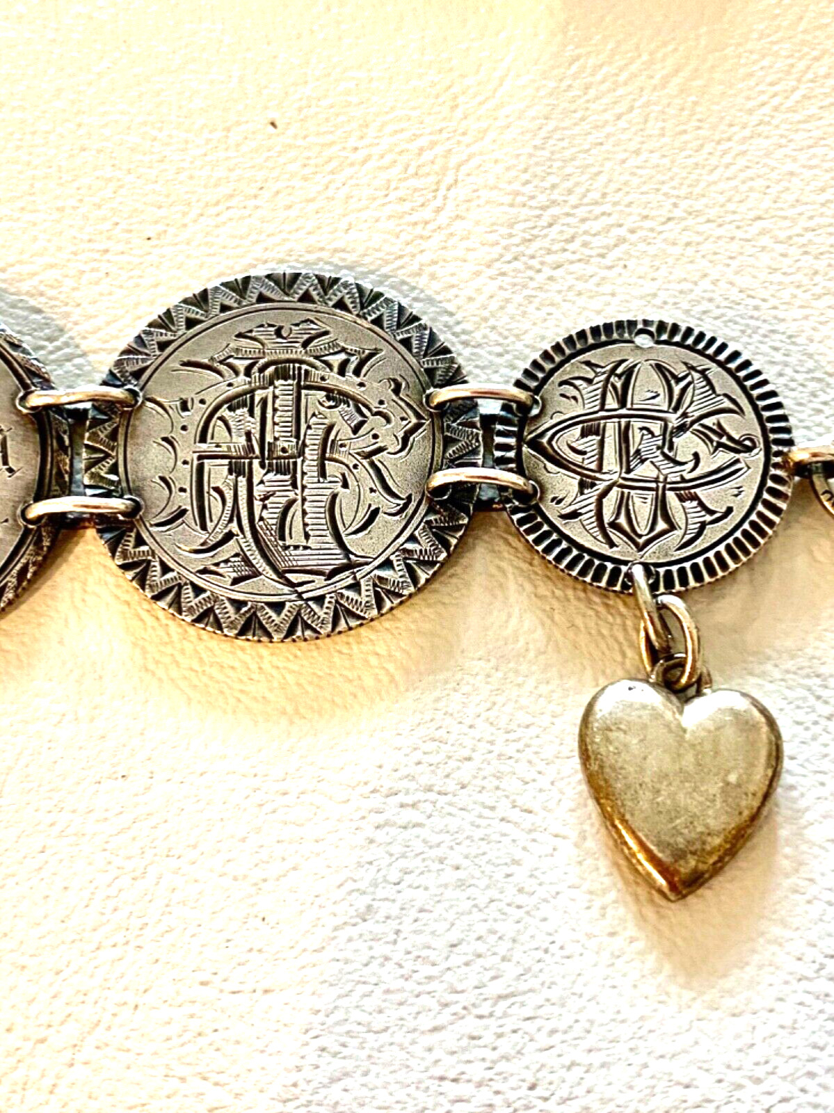c1800’s Antique Victorian Silver LOVE Token COIN Charm Bracelet Heart Lock