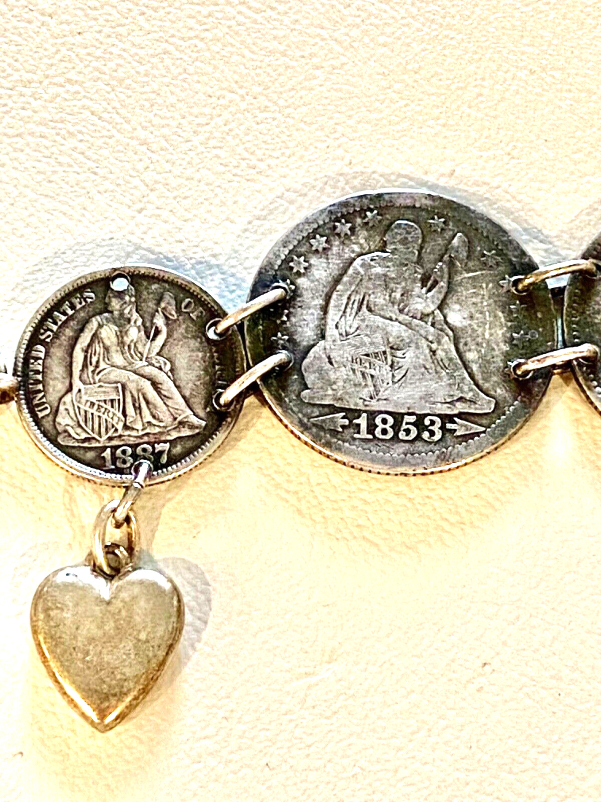 c1800’s Antique Victorian Silver LOVE Token COIN Charm Bracelet Heart Lock