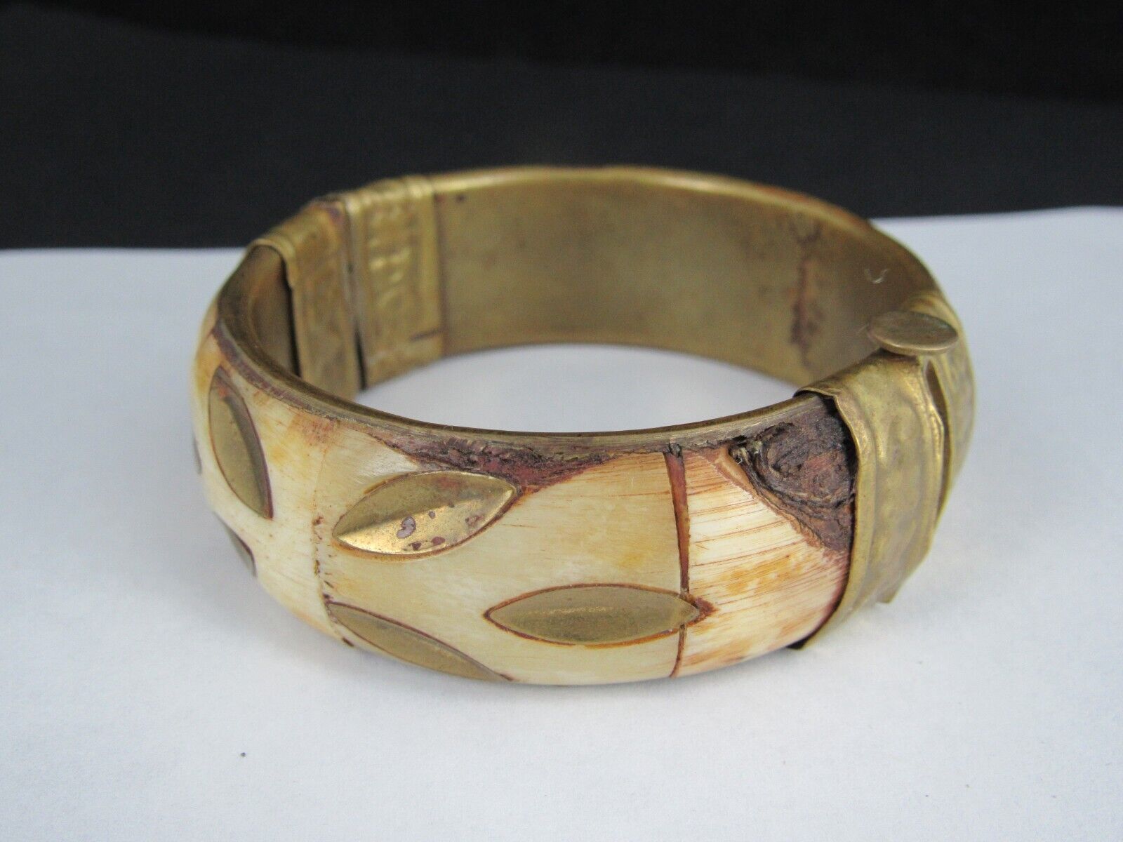 antique BONE BRACELET 1800's brass 7.5"