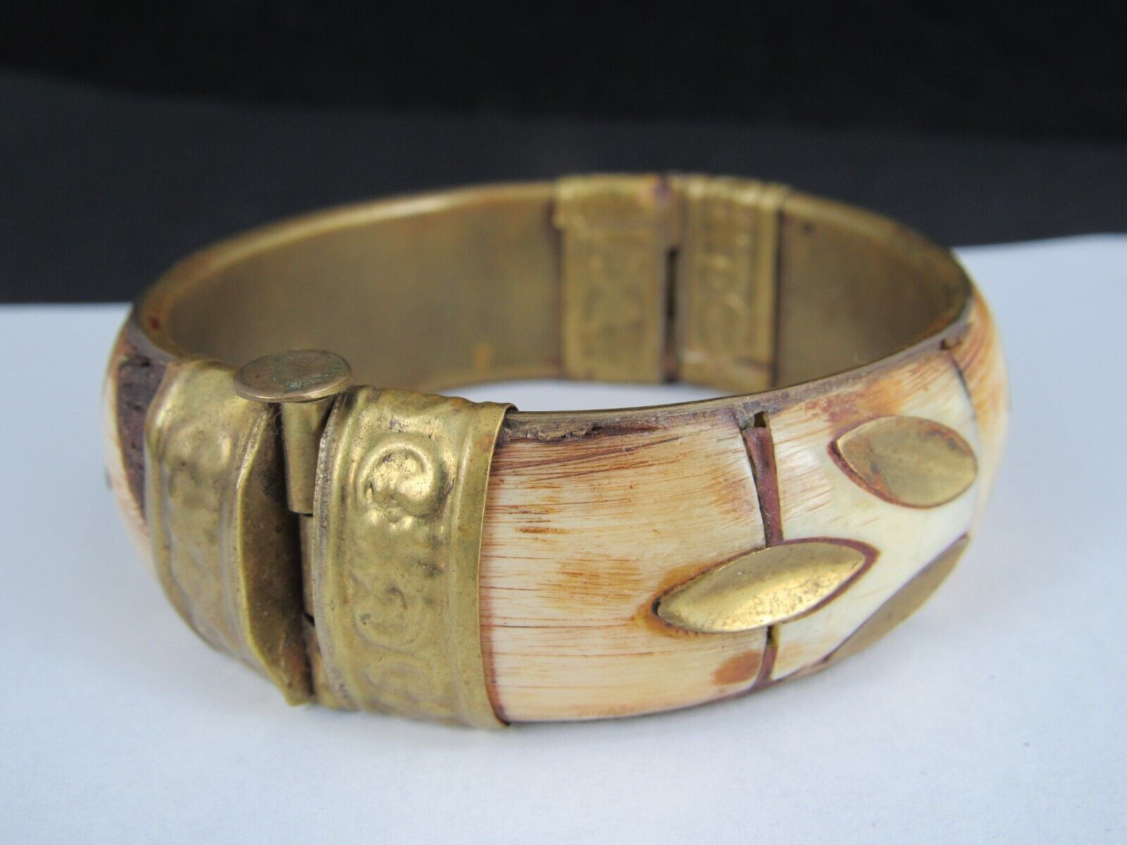antique BONE BRACELET 1800's brass 7.5"