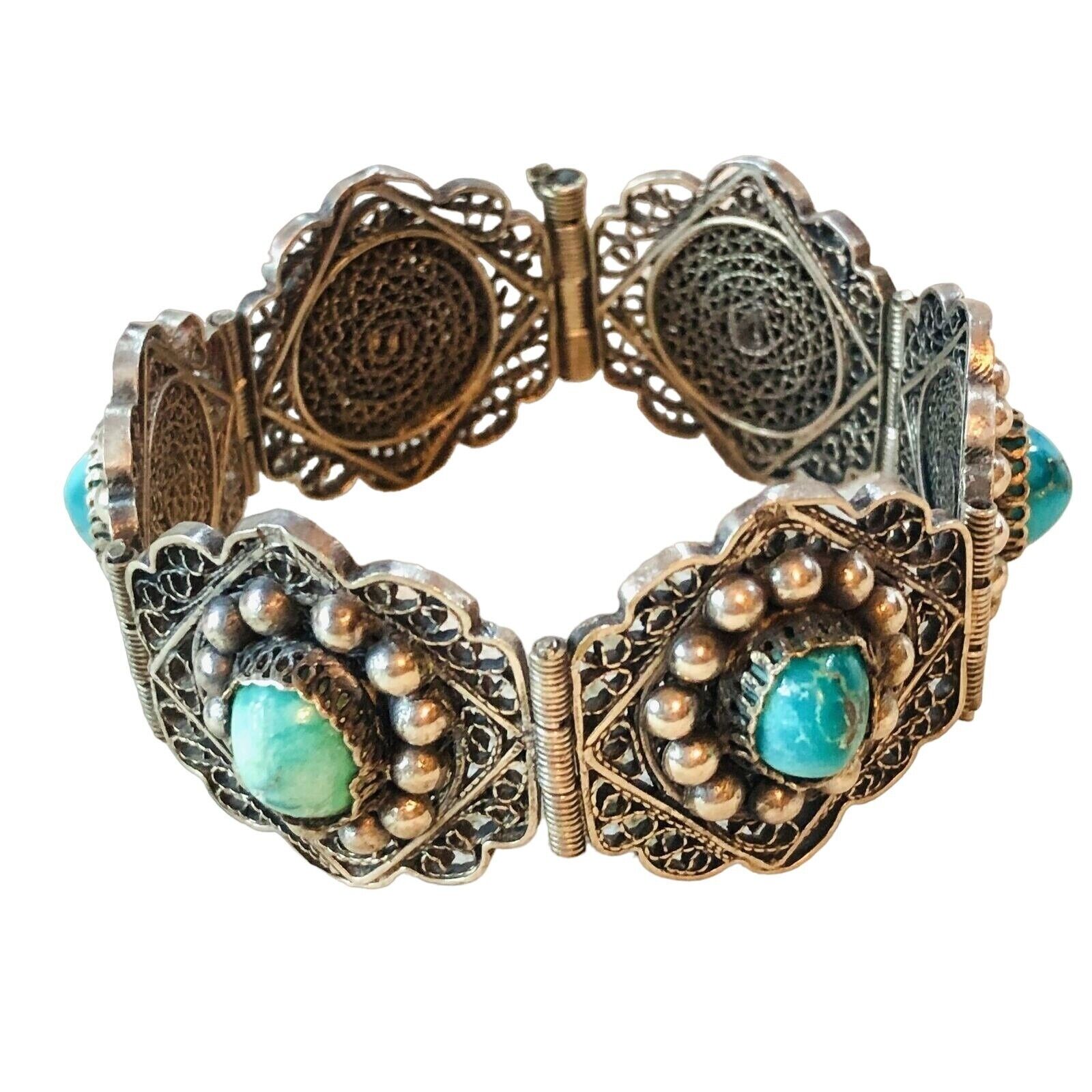 Antique 1800s Blue Persian Turquoise 900 Silver Wide Filigree 6 3/4" Bracelet