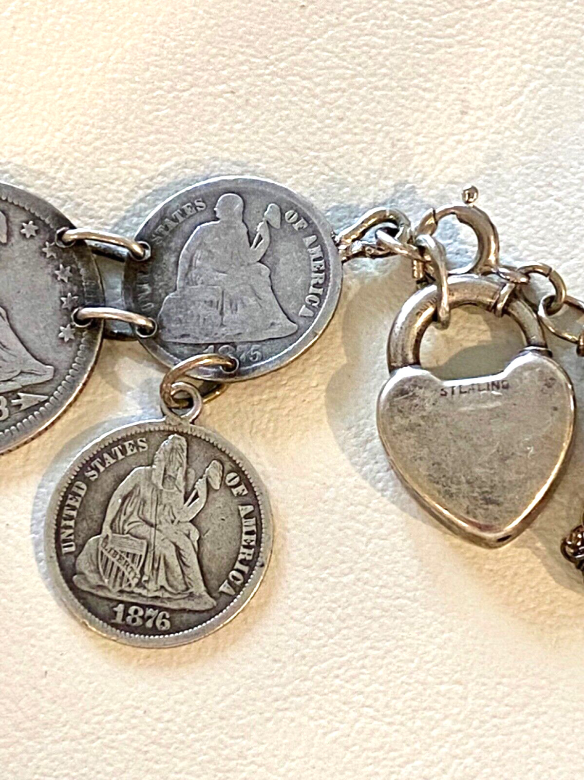 c1800’s Antique Victorian Silver LOVE Token COIN Charm Bracelet Heart Lock