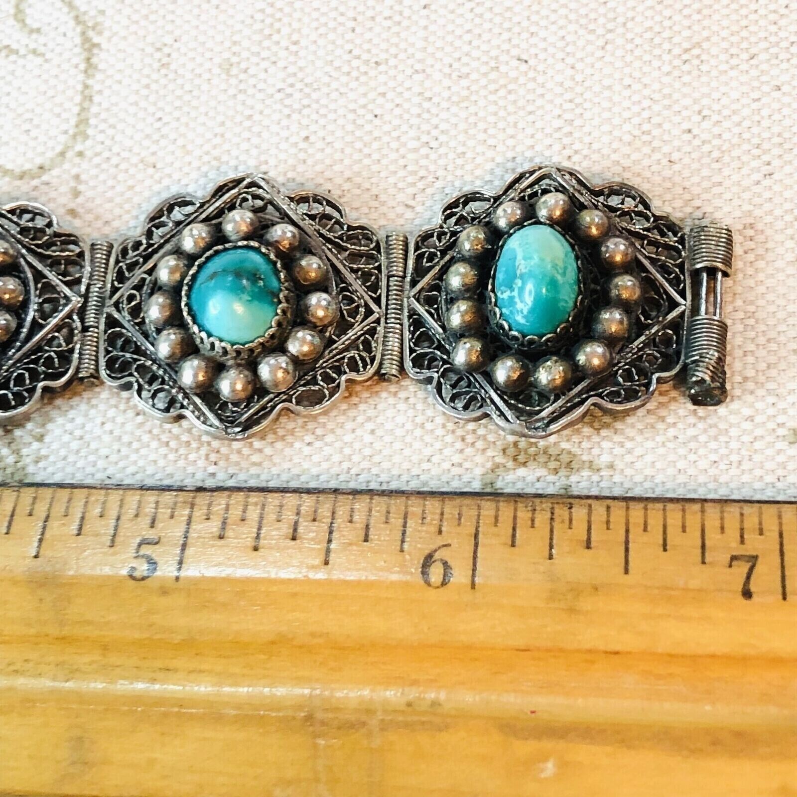Antique 1800s Blue Persian Turquoise 900 Silver Wide Filigree 6 3/4" Bracelet