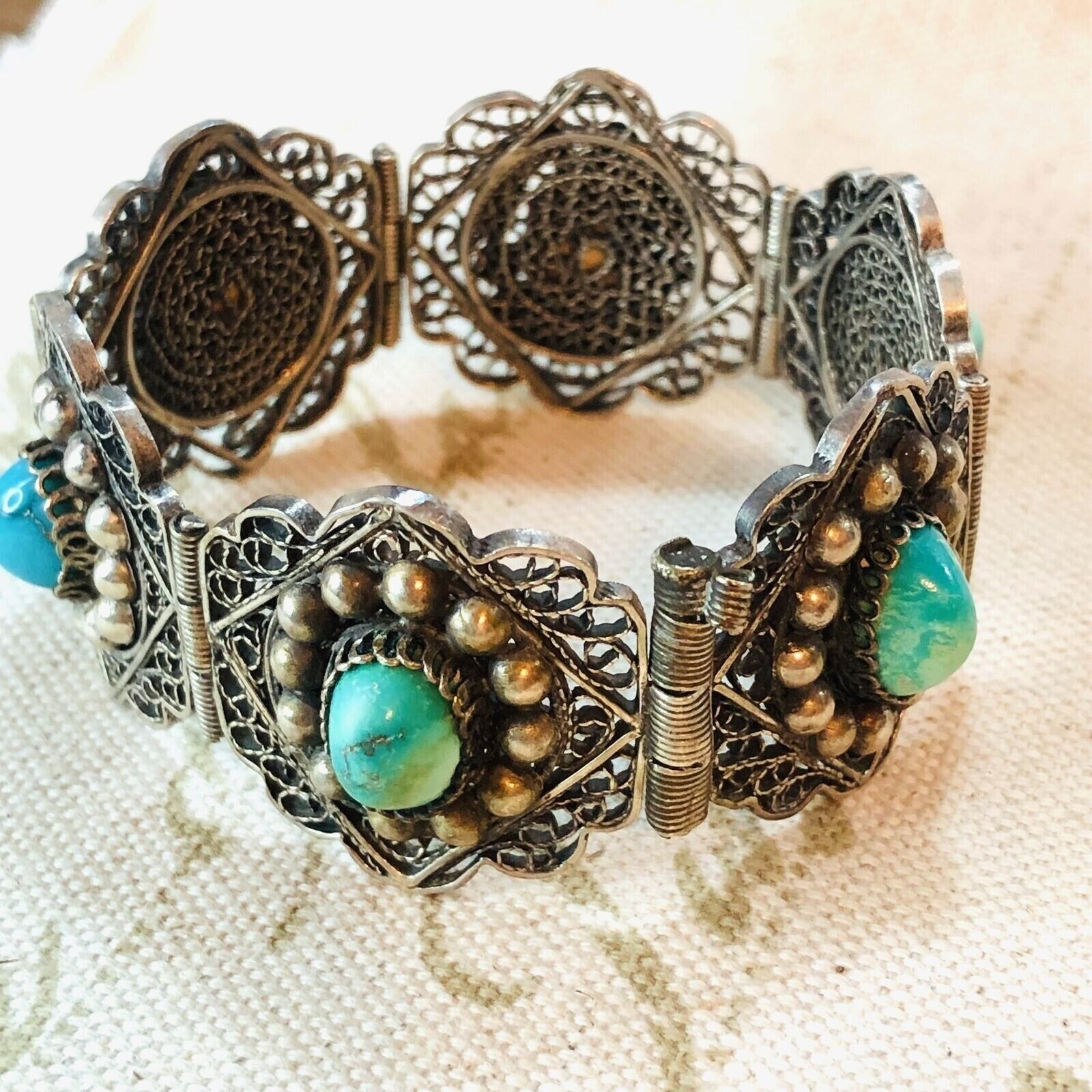 Antique 1800s Blue Persian Turquoise 900 Silver Wide Filigree 6 3/4" Bracelet
