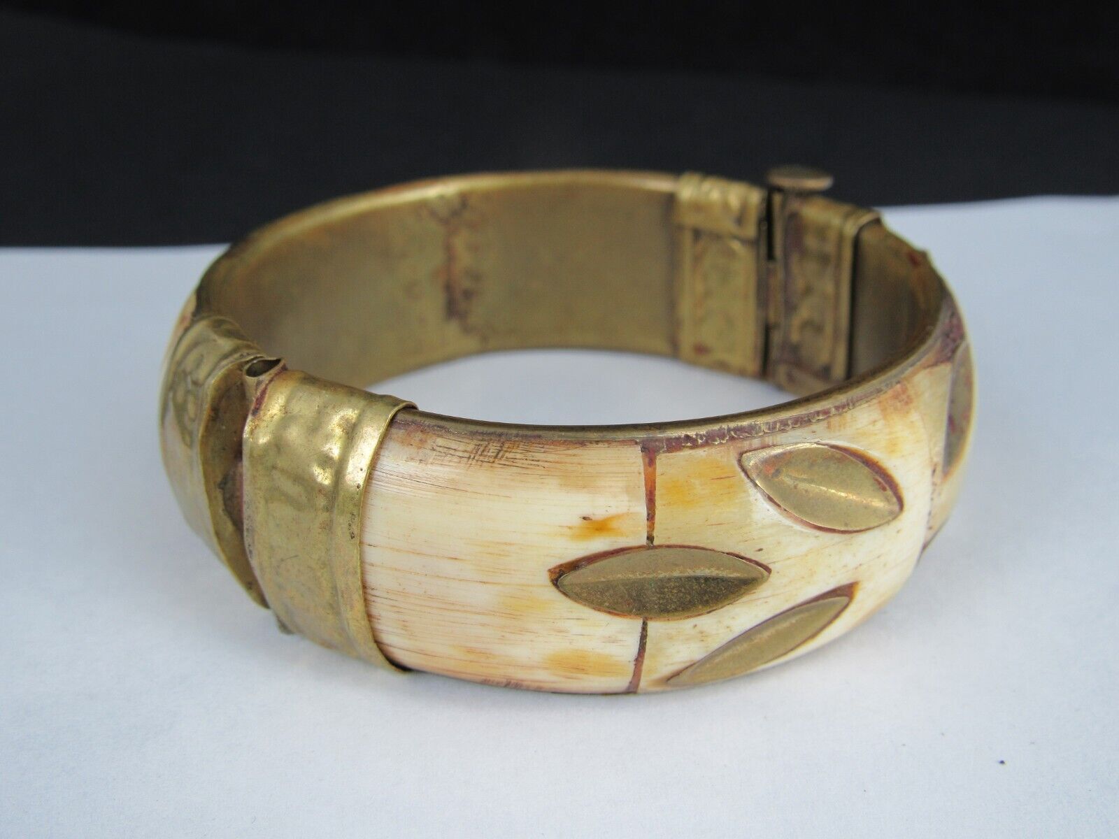 antique BONE BRACELET 1800's brass 7.5"