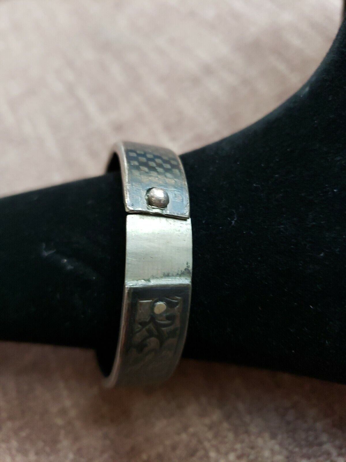 Victorian 1800s Hand Chased Bracelet Ball Clasp Dual Sided Floral & Checkerboard