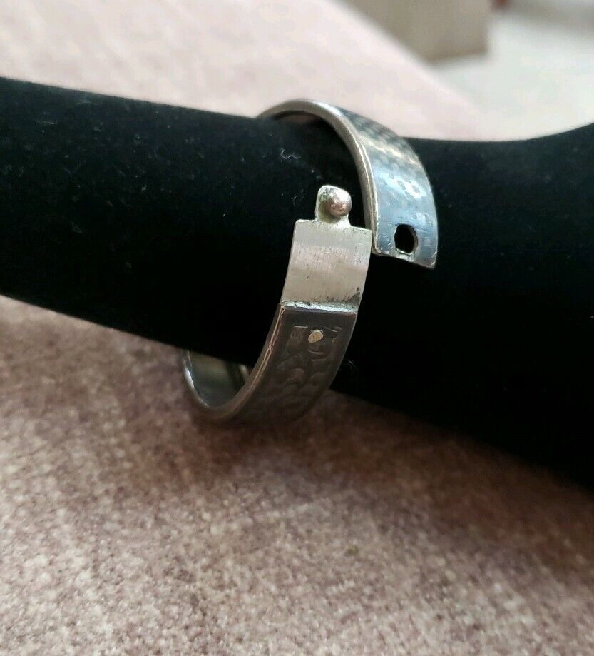 Victorian 1800s Hand Chased Bracelet Ball Clasp Dual Sided Floral & Checkerboard