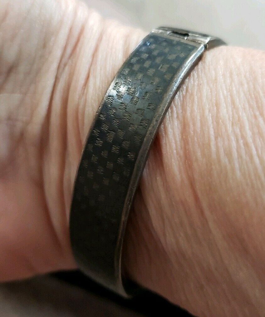 Victorian 1800s Hand Chased Bracelet Ball Clasp Dual Sided Floral & Checkerboard