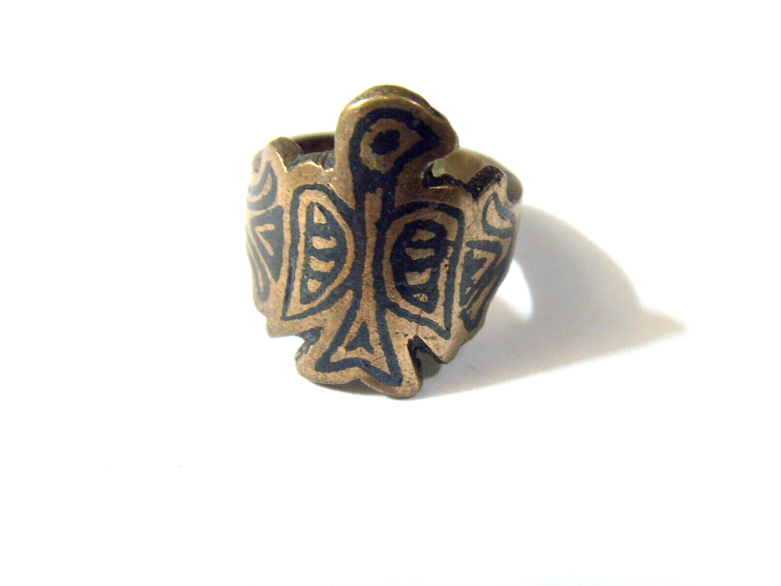 1700s antique Kazakh tribal Chief Hawk niello ring size 8.5 Central Asia 52265