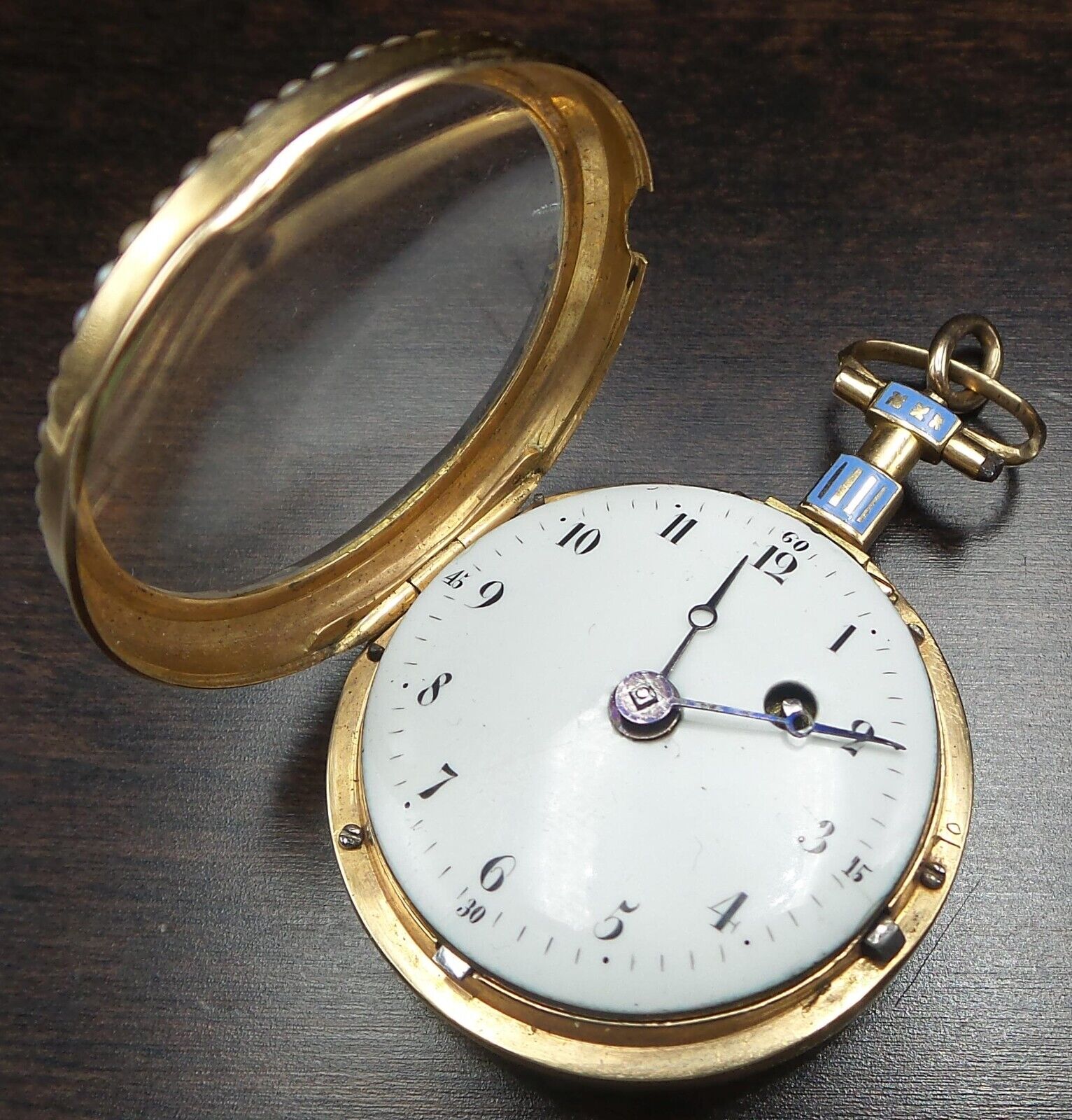 1700s European 18K Gold, Pearl & Blue Enamel Ladies Verge Fusee Pocket Watch