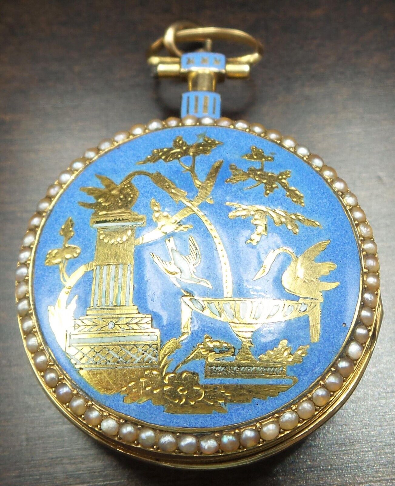 1700s European 18K Gold, Pearl & Blue Enamel Ladies Verge Fusee Pocket Watch