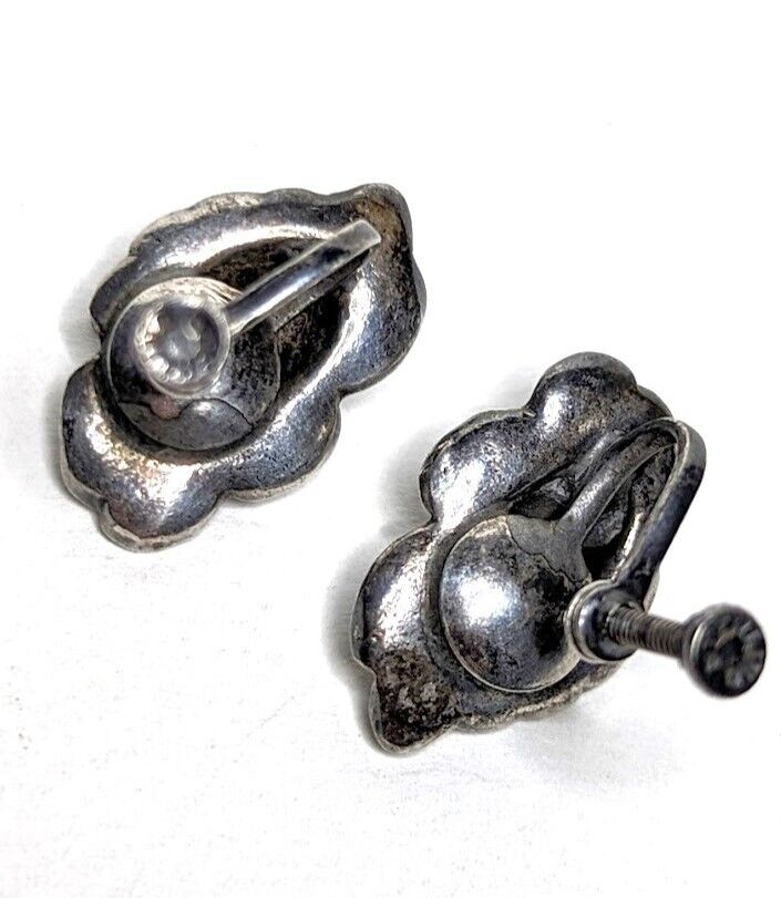 Antique c 1900 Art Nouveau Sterling Silver Lotus Screw Back Earrings Unsigned