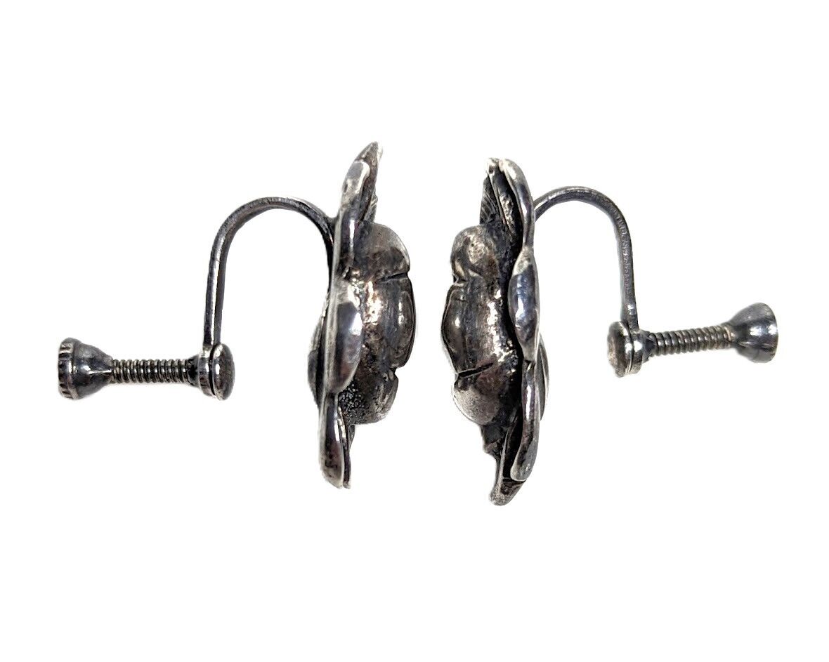 Antique c 1900 Art Nouveau Sterling Silver Lotus Screw Back Earrings Unsigned