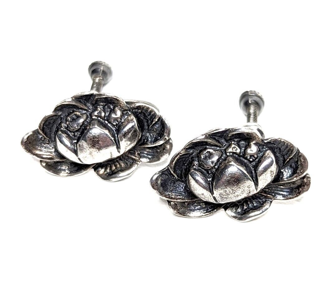 Antique c 1900 Art Nouveau Sterling Silver Lotus Screw Back Earrings Unsigned