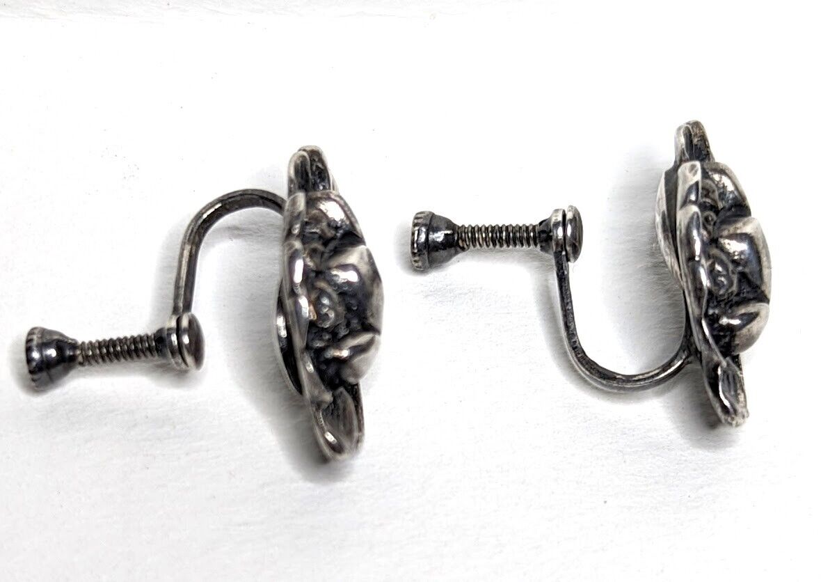Antique c 1900 Art Nouveau Sterling Silver Lotus Screw Back Earrings Unsigned