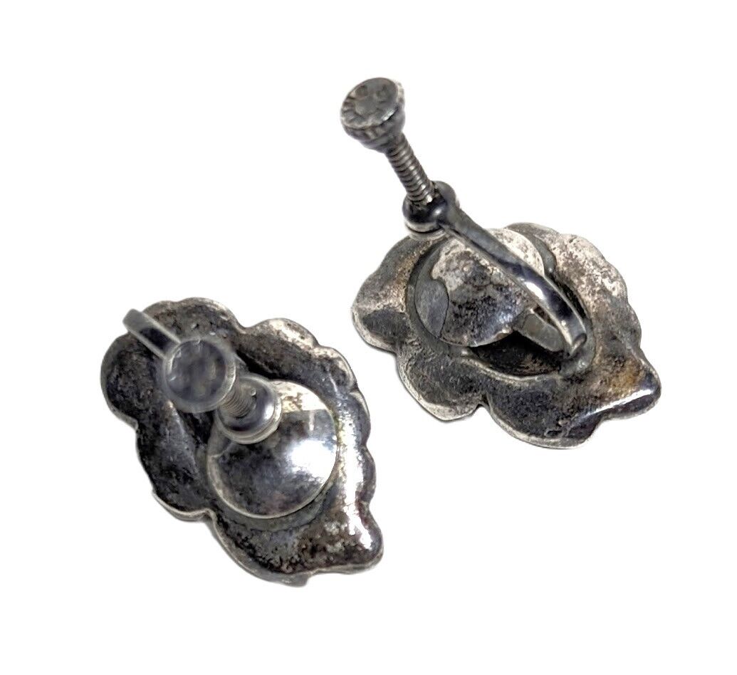 Antique c 1900 Art Nouveau Sterling Silver Lotus Screw Back Earrings Unsigned