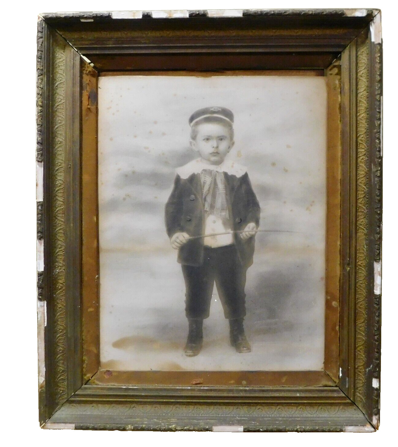Antique 1800’s Daguerreotype Photo BOY HORSEMAN WITH WHIP 18 X 22 " DISTRESSED