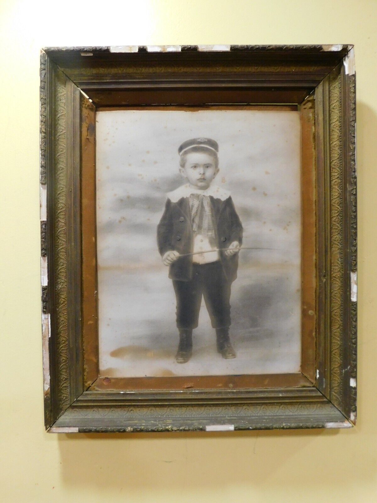 Antique 1800’s Daguerreotype Photo BOY HORSEMAN WITH WHIP 18 X 22 " DISTRESSED