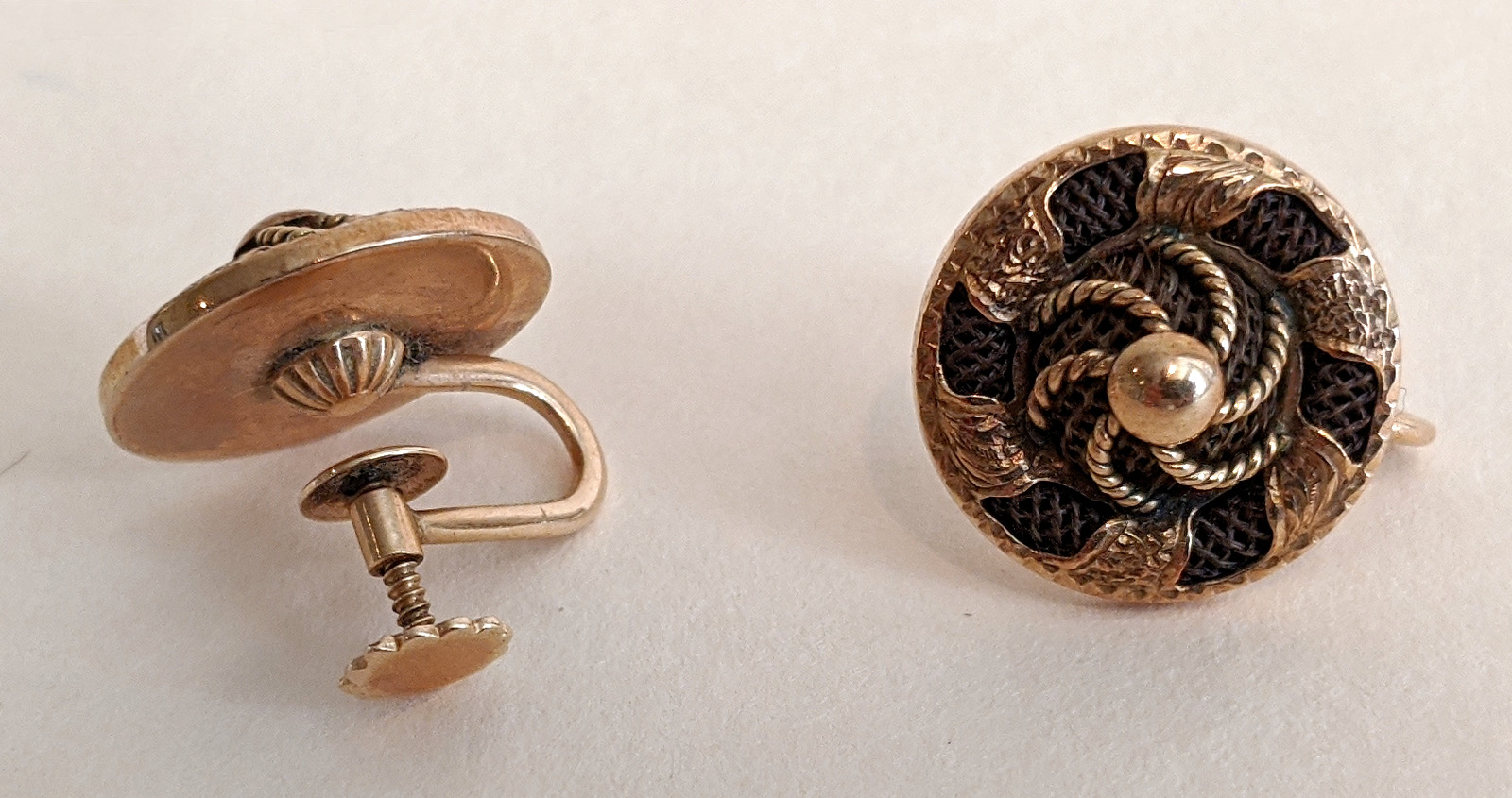 Victorian Human Hair 14K Gold Earrings – 1800s Mourning Sentimental Pinwheel