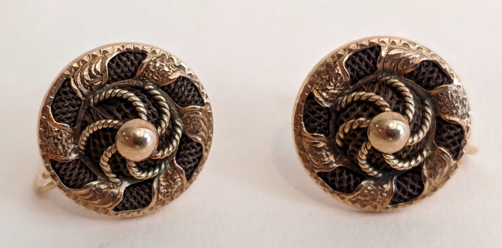 Victorian Human Hair 14K Gold Earrings – 1800s Mourning Sentimental Pinwheel