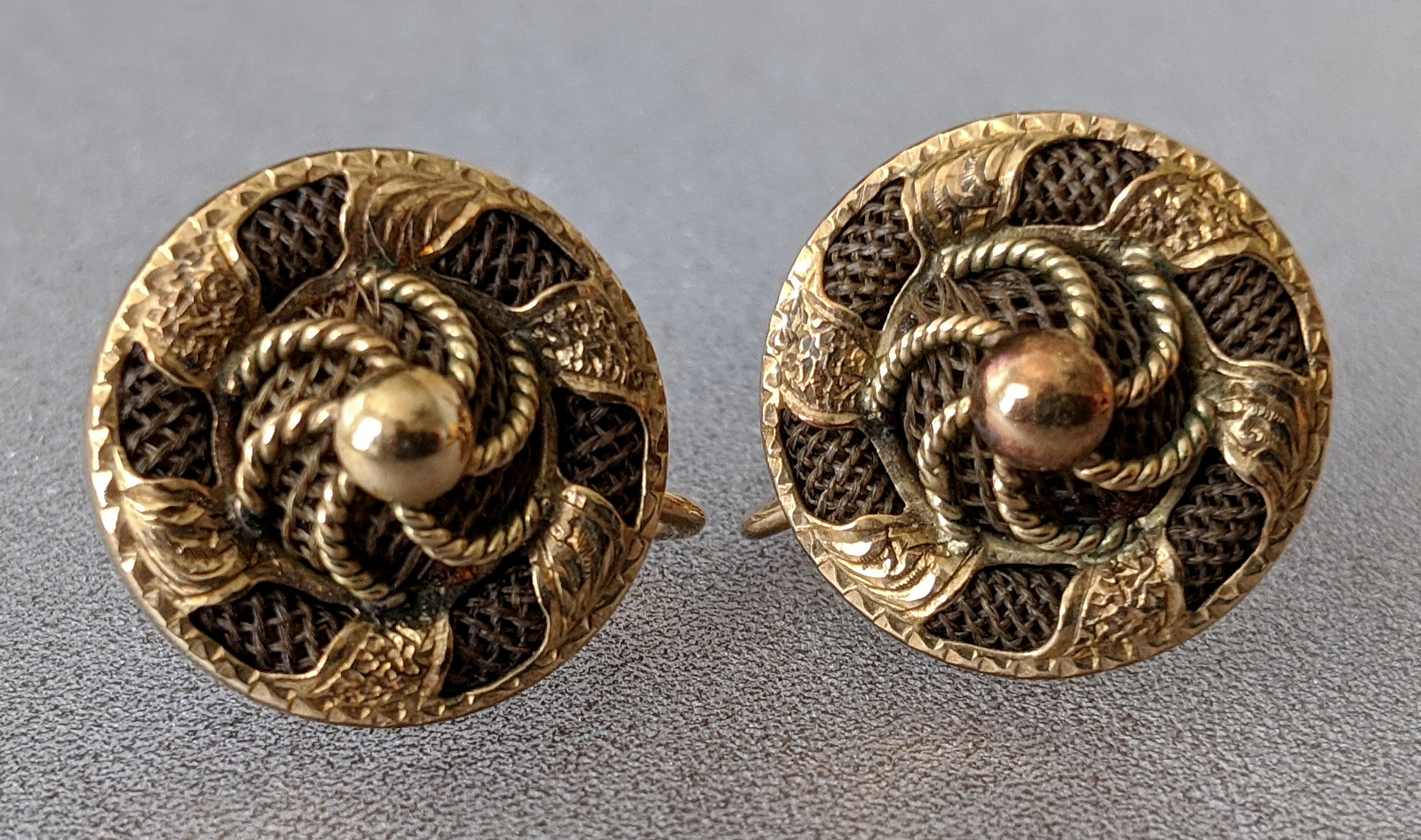 Victorian Human Hair 14K Gold Earrings – 1800s Mourning Sentimental Pinwheel
