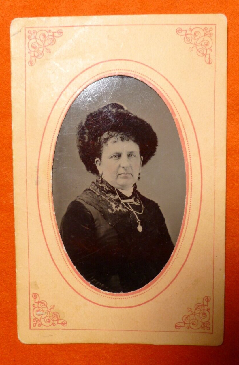 Vintage Tintype Portrait Beautiful Plump Lady Women Fur Hat Earrings Watch Chain
