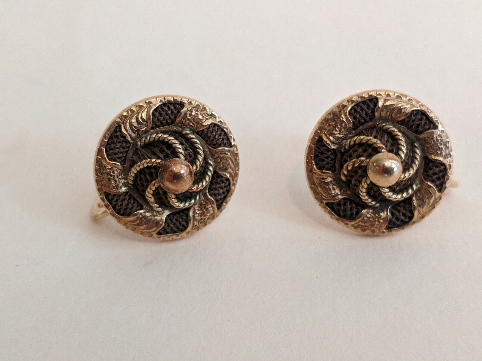 Victorian Human Hair 14K Gold Earrings – 1800s Mourning Sentimental Pinwheel